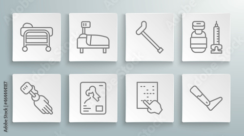 Set line Prosthesis hand, Hospital bed, X-ray shots, Braille, leg, Walking stick cane, Syringe and Stretcher icon. Vector