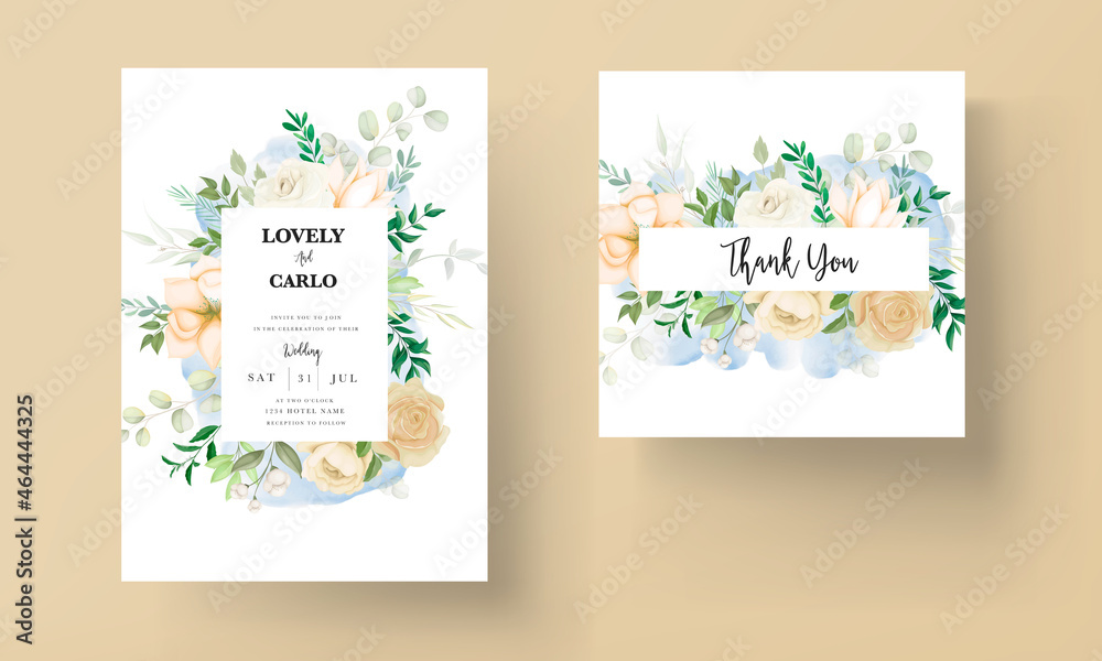 beautiful hand drawing soft floral wedding invitation set template