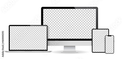 set of smartphone, tablet, laptop and monitor, blank screen mockup. Device screen mockup. Vector illustration photo