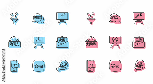 Set line Mobile with review rating, Key, Lead management, Advertising, Board graph chart, SEO optimization and icon. Vector