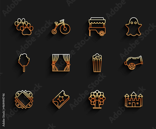 Set line Ticket, Paw print, Ferris wheel, Castle, Curtain, Cannon and Popcorn cardboard box icon. Vector