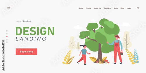 Happy man and girl collecting mushrooms. Forest, flora, food flat vector illustration. Outdoor activity and nature concept for banner, website design or landing web page