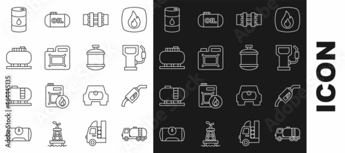 Set line Tanker truck, Gasoline pump nozzle, Petrol or gas station, Metallic pipes and valve, Canister for motor oil, Oil tank storage, Barrel and Propane icon. Vector
