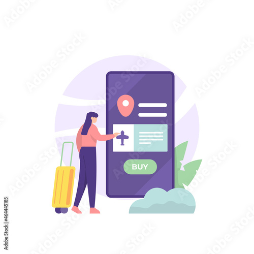 illustration of a woman buying a plane ticket using a ticket booking application on a smartphone. online ticket booking. flight schedule. flat cartoon style. vector design