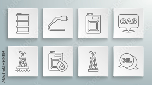 Set line Oil rig, Electrical cable plug charging, Canister for motor oil, Word, Location and gas station and Barrel icon. Vector