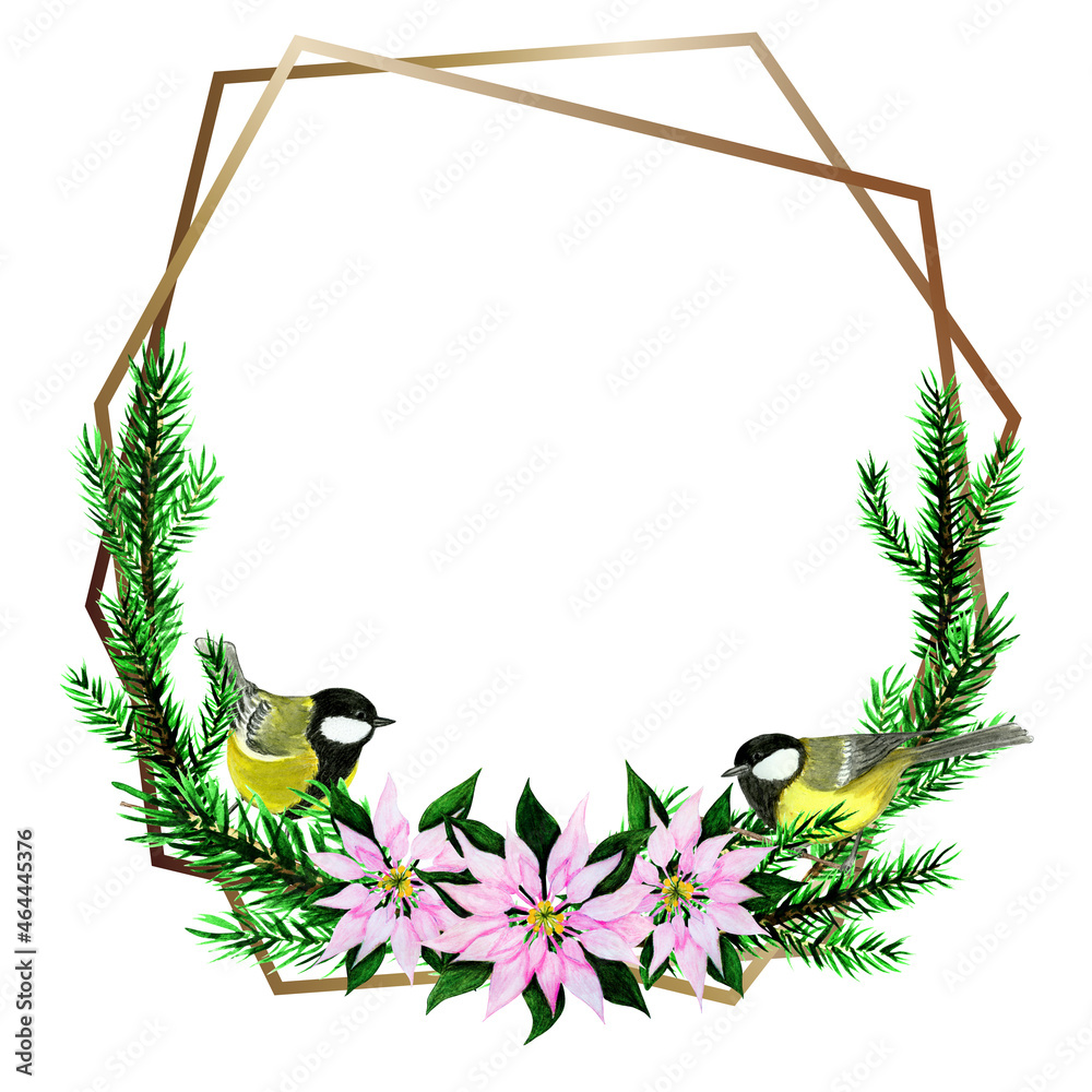 Christmas watercolour wreath, birds tit, Christmas tree, pink poinsettia. Hand drawn object, isolated on white. Christmas watercolour wreath, birds tit, Christmas tree, pink poinsettia. Hand drawn object, isolated on white.