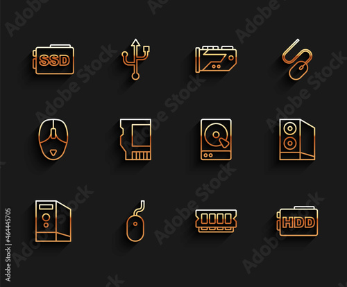 Set line Case of computer, Computer mouse, SSD card, RAM, random access memory, Hard disk drive HDD, and icon. Vector