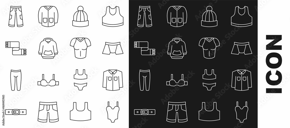 Set line Swimsuit, Shirt, Men underpants, Winter hat, Hoodie, scarf, Pants and T-shirt icon. Vector