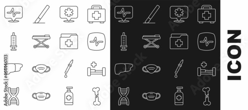 Set line Human broken bone, Hospital bed, Heart rate, Location hospital, Stretcher, Syringe, and Patient record icon. Vector