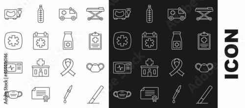 Set line Surgery scalpel, Medical protective mask, Patient record, Ambulance car, Doctor appointment, Emergency - Star of Life, Ultrasound and Medicine bottle and pills icon. Vector
