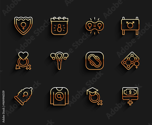 Set line Condom, Feminist shirt, Gender shield, Female, Teacher, Money growth woman, reproductive system, Packaging of birth control pills and Sanitary napkin icon. Vector