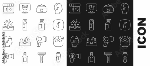 Set line Electric razor blade, Mustache and beard, Human hair follicle, Gel wax for styling, Shaving gel foam, Oil care treatment, Barbershop building and Bottle of shampoo icon. Vector