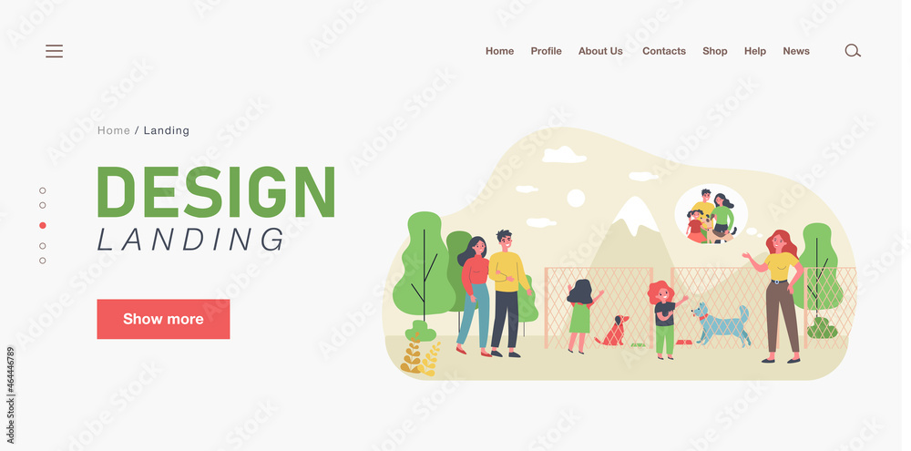 Fototapeta premium Happy family choosing dog in animal shelter. Fence, friend, mammal flat vector illustration. Pets and animal adoption concept for banner, website design or landing web page