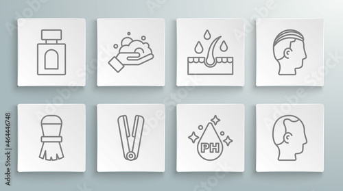 Set line Shaving brush, foam on hand, Curling iron for hair, Oil care treatment, Baldness, Hairstyle and Aftershave icon. Vector