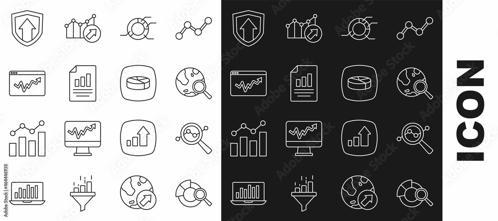 Set line Search data analysis, globe, Pie chart infographic, Document with, Graph, Financial growth and icon. Vector Set line Search data analysis, globe, Pie chart infographic, Document with, Graph, Financial growth and icon. Vector