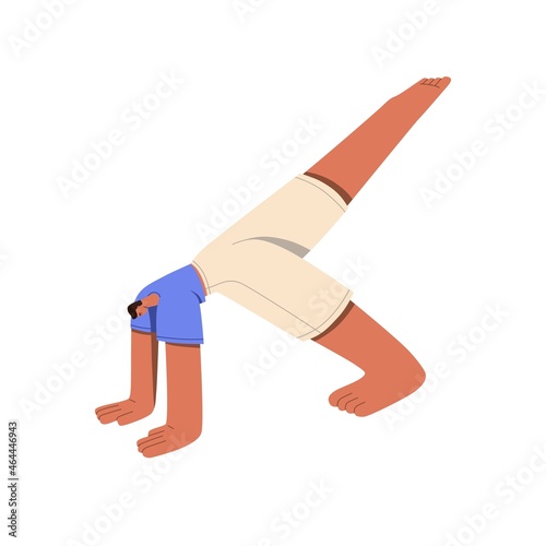 Man practicing yoga exercise, standing in asana, one-legged downward-facing dog pose. Stretching workout for healthy body. Guy in yogi position. Flat vector illustration isolated on white background