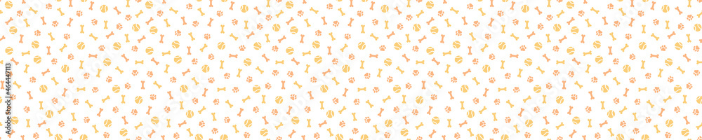 Seamless pattern with pink and orange paws, bones and balls