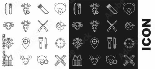 Set line Crossed hunter knife, Target sport for shooting competition, Hunt duck with crosshairs, Quiver arrows, Deer head antlers, shield, Bow and quiver and Two crossed shotguns icon. Vector