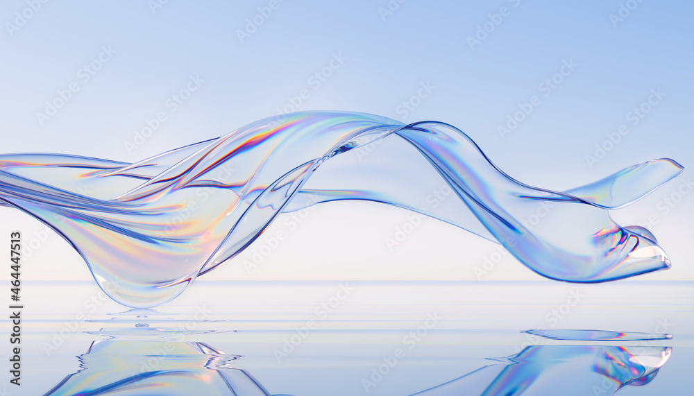 Fototapeta 3d render abstract background in nature landscape. Transparent glossy glass ribbon on water. Holographic curved wave in motion. Iridescent design element for banner background, wallpaper.