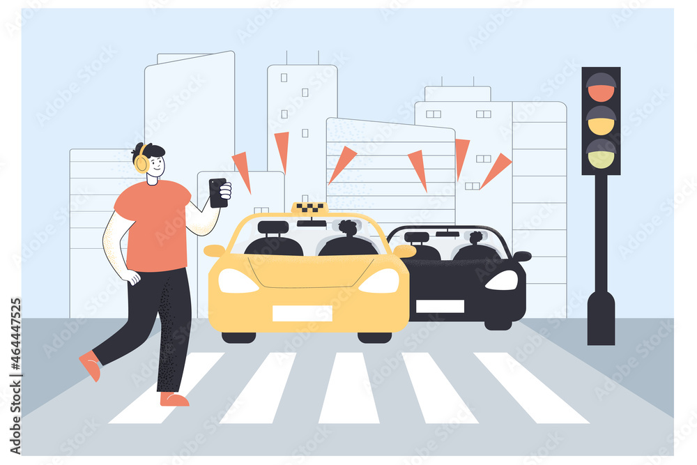 Careless boy with smartphone crossing street on red traffic lights. Careful people driving cars stopping in front of pedestrian on crosswalk flat vector illustration. Road safety, accident, concept Careless boy with smartphone crossing street on red traffic lights. Careful people driving cars stopping in front of pedestrian on crosswalk flat vector illustration. Road safety, accident, concept