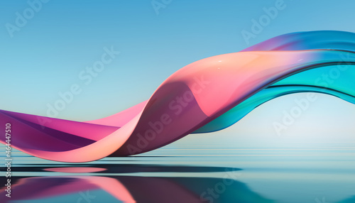 Abstract 3d render. Glass ribbon on water. Holographic shape in motion. Iridescent gradient digital art for banner background, wallpaper. Transparent 
glossy design element flying in seascape.  photo