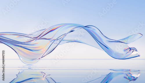 Fototapeta 3d render abstract background in nature landscape. Transparent glossy glass ribbon on water. Holographic curved wave in motion. Iridescent design element for banner background, wallpaper.