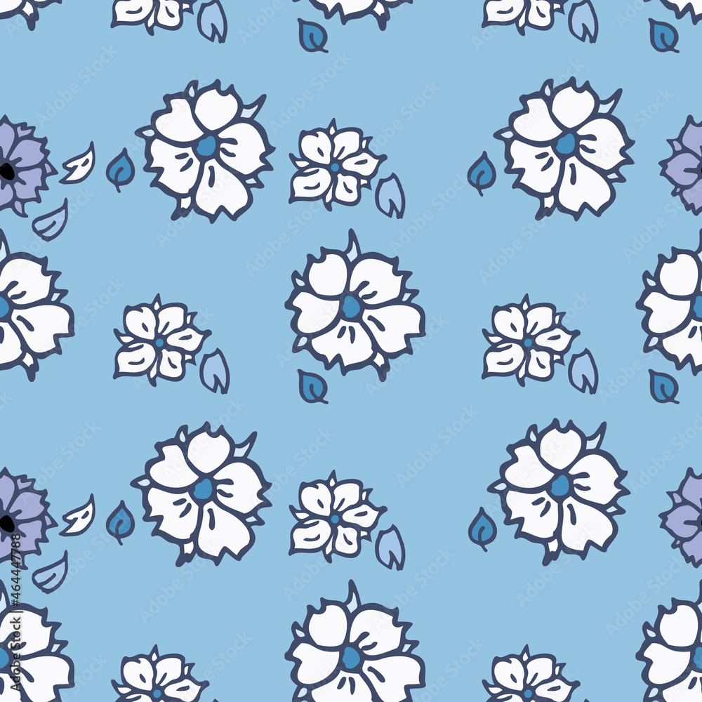 Vector blue background white pink cherry tree flowers and cherry blossom sakura flowers. Seamless pattern background Vector blue background white pink cherry tree flowers and cherry blossom sakura flowers. Seamless pattern background