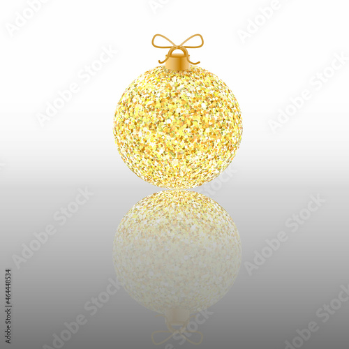 Christmas gold glitter glowing  ball with reflection.Holiday decoration template. Vector illustration