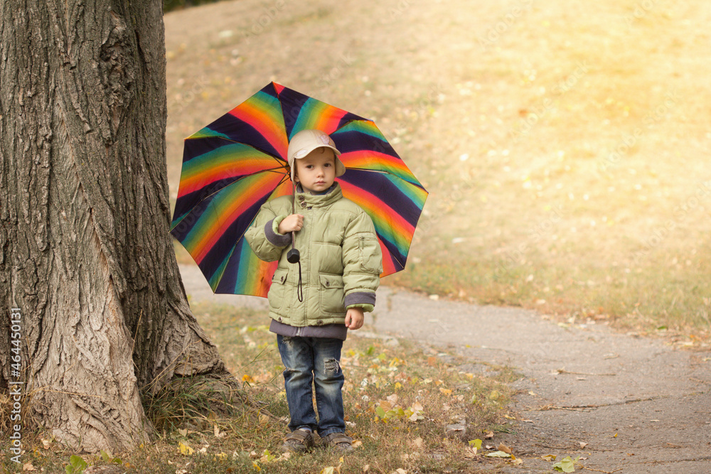 Obraz premium Little boy hiding behind colorful umbrella outdoors