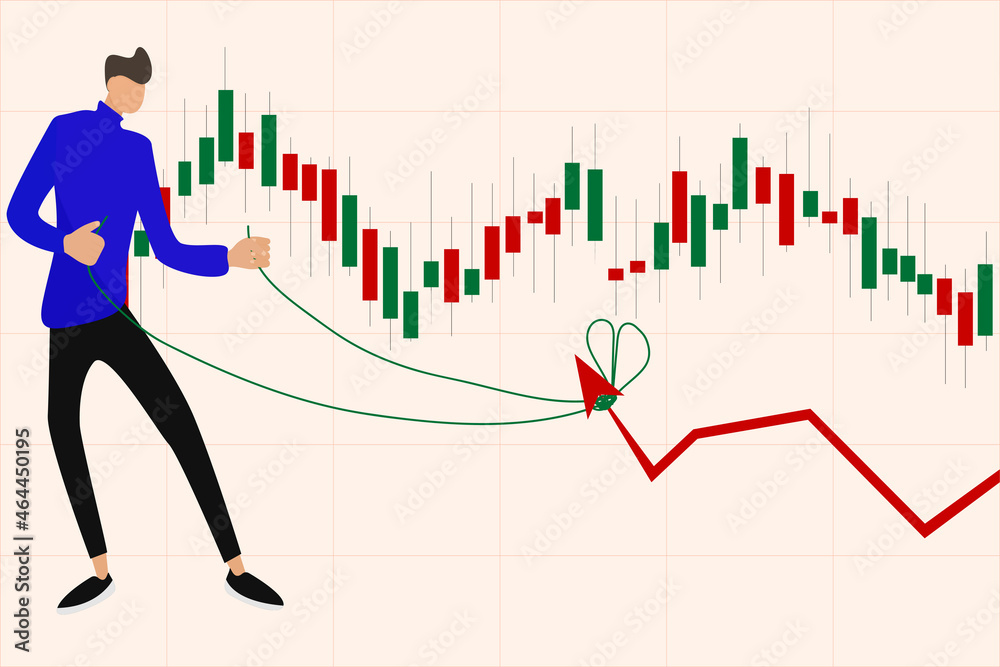 male character pulls the arrow to the growth of stocks, the stock market. Vector illustration in flat style for business, banner, background male character pulls the arrow to the growth of stocks, the stock market. Vector illustration in flat style for business, banner, background