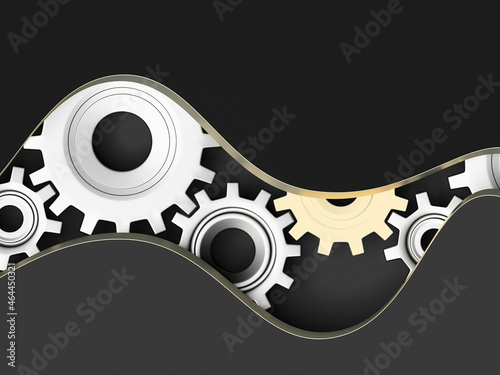 Foto White and golden gear cogs isolated on black background inside wavy opening; mec