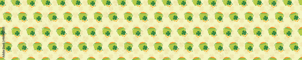Fototapeta premium Seamless pattern with gold pots and clovers