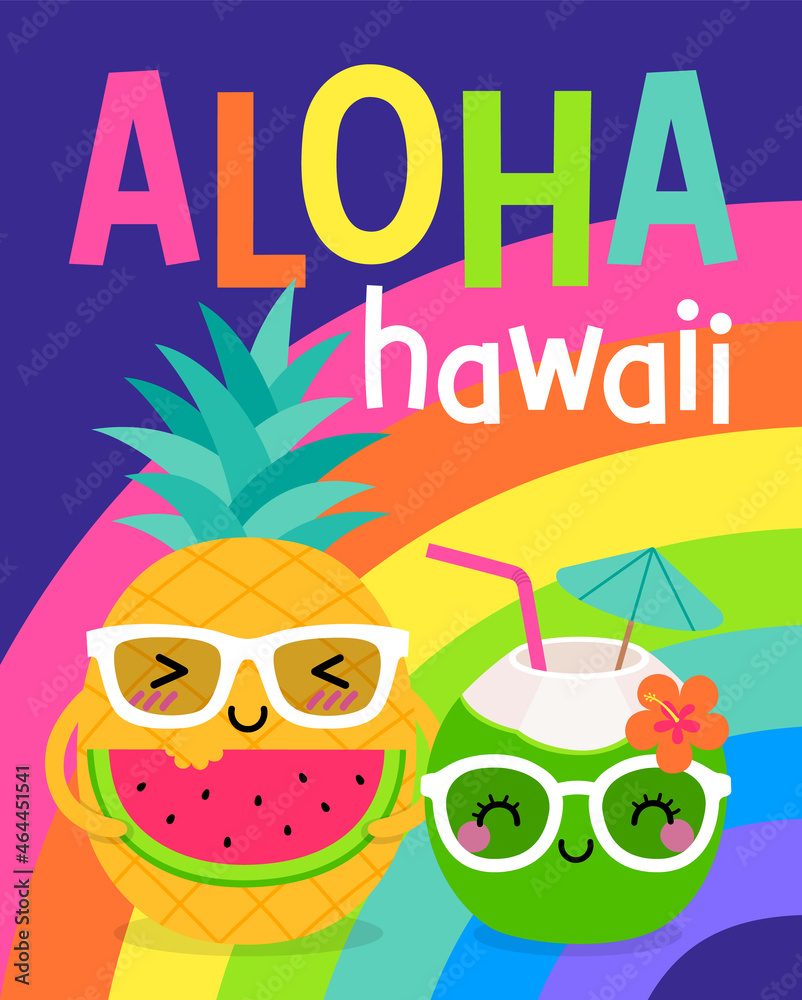Naklejka premium Cute cartoon pineapple and coconut illustration design for summer holidays concept.