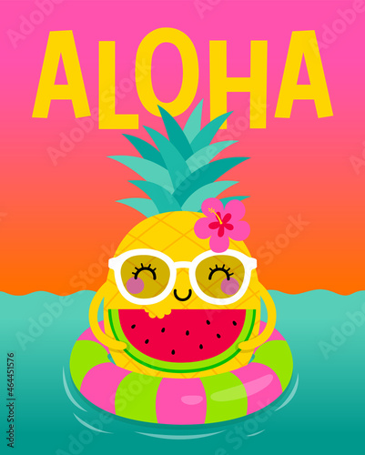 Cute cartoon pineapple with inflatable floating in the ocean. Fun illustration design for summer holidays concept.