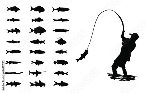 Fisherman and fishes on white background. Vector.