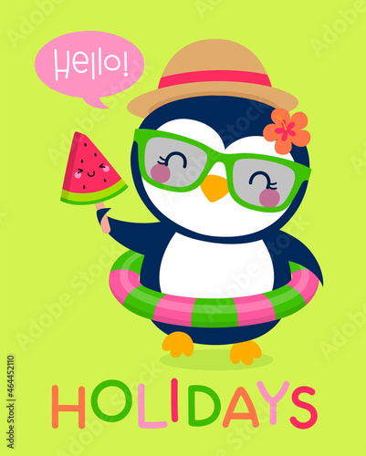 Cute penguin holding popsicle cartoon illustration for summer holidays concept.