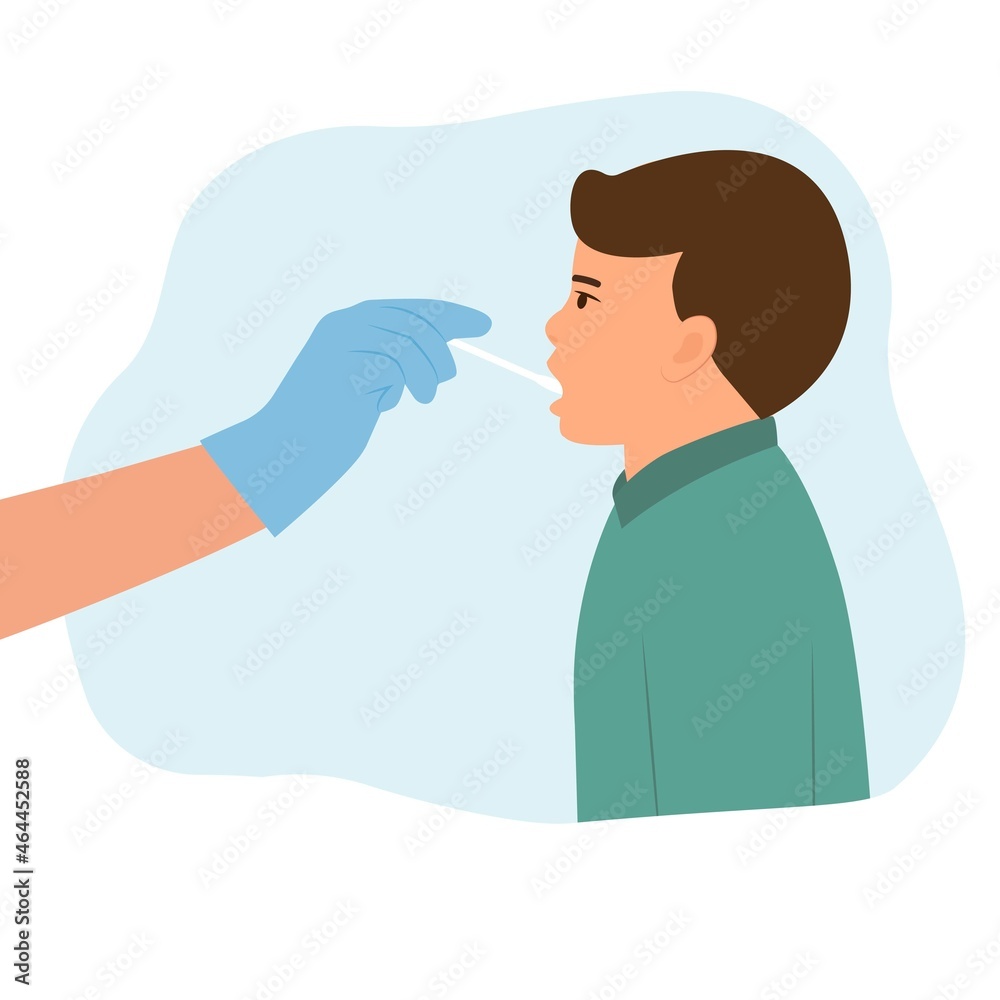 Doctor taking sample saliva for DNA test from little boy in clinic.Mouth saliva test using swab.Vector illustration Doctor taking sample saliva for DNA test from little boy in clinic.Mouth saliva test using swab.Vector illustration