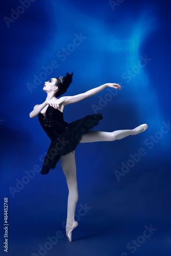 Fototapeta Naklejka Na Ścianę i Meble -  One young incredibly beautiful woman, ballerina in black ballet outfit, tutu dancing at blue studio full of light.
