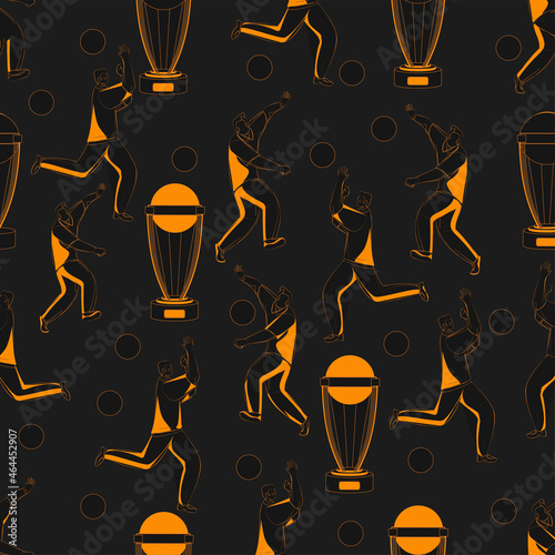 Seamless Cricket Theme Pattern Background In Black And Orange Color.