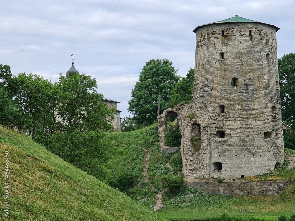 An old tower left over from the old walls of the Pskov Kremlin. Russia, Pskov, summer 2021 