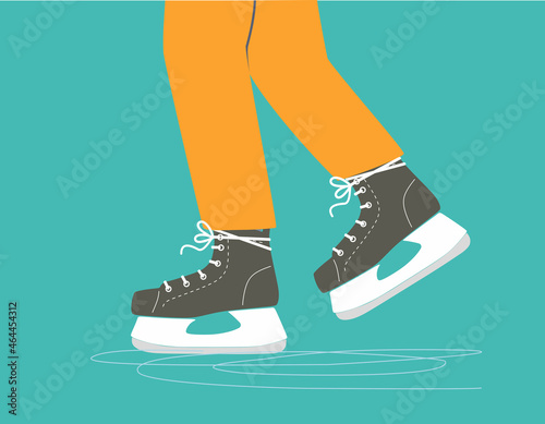 Ice skates. Slides. Man Ice skating on rink. Legs in color sports pants. Active lifestyle. Winter sport, active male leisure. Training.Outdoor activity. Hockey. Color Isolated flat vector illustration