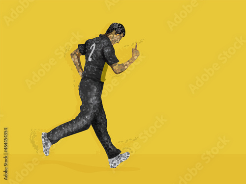 Australia Cricket Player Raising Index Finger In Irregular Dots Effect And Copy Space On Yellow Background.