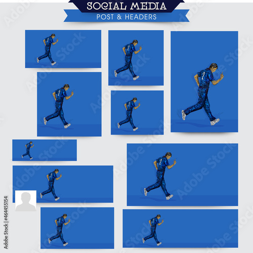 Social Media Posts And Header Design Set With Irregular Dots Effect Indian Cricket Player Running On Blue Background And Copy Space.