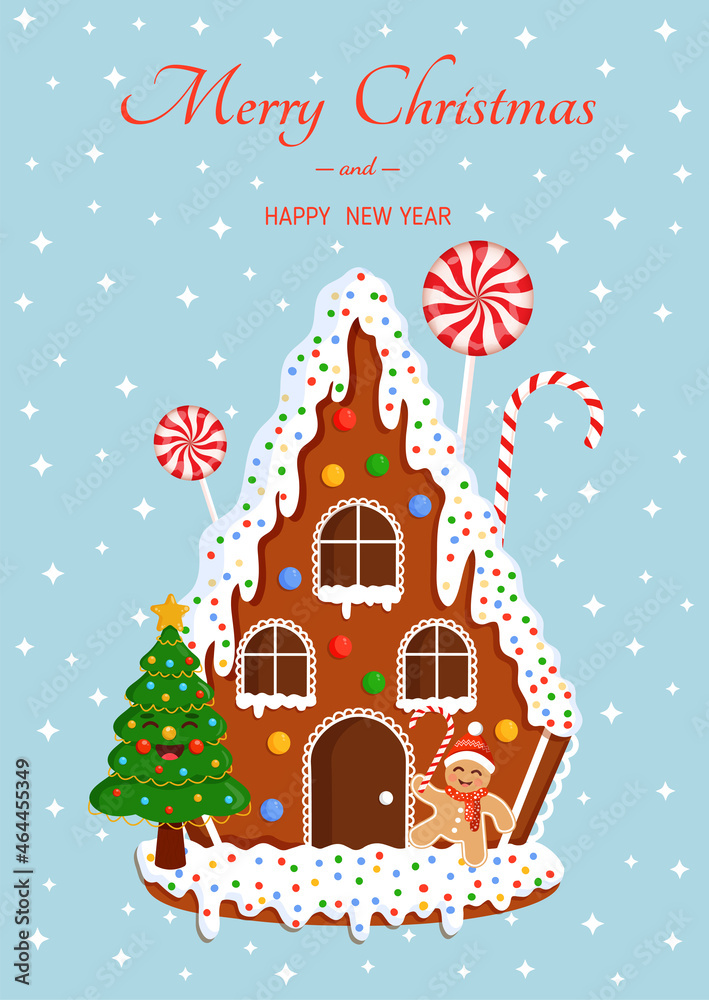 Christmas gingerbread house with tree, sweets and gingerbread man against the background of the starry sky for postcard, banner, poster and website.