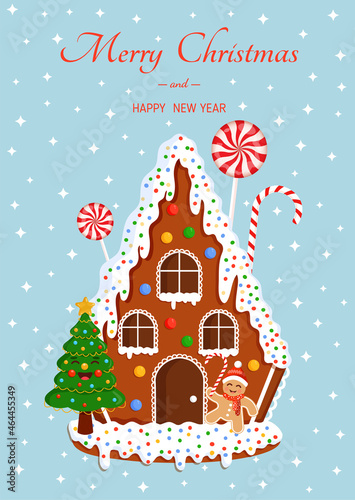 Christmas gingerbread house with tree, sweets and gingerbread man against the background of the starry sky for postcard, banner, poster and website. © Irina Anashkevich