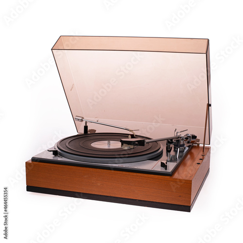 Vintage record player on white background