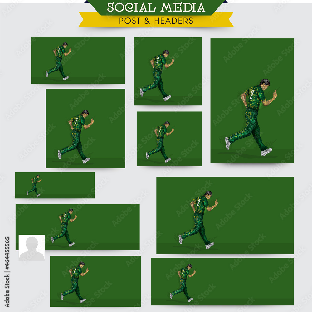 Social Media Posts And Header Design Set With Pakistan Crickter Player In Irregular Dot Effect On Green Background And Copy Space.