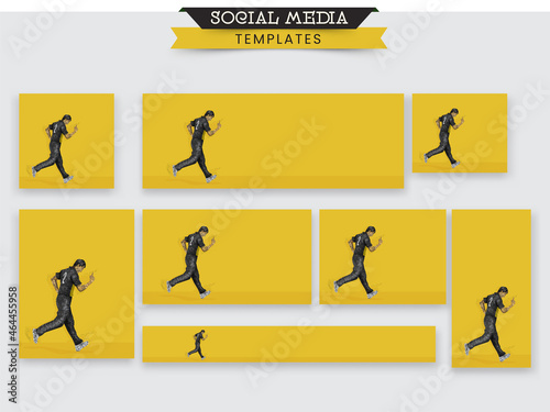 Social Media Template And Header Set With Australia Cricket Player Running On Yellow Background And Copy Space.