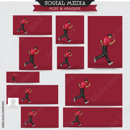 Social Media Posts And Header Set With England Cricket Player Running On Red Background And Copy Space.