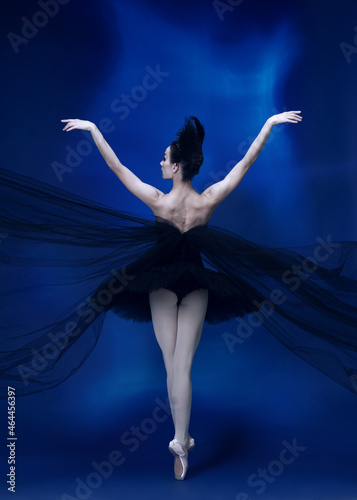 Back view of beautiful woman, flexible ballerina in black ballet outfit, tutu dancing at blue studio full of light.